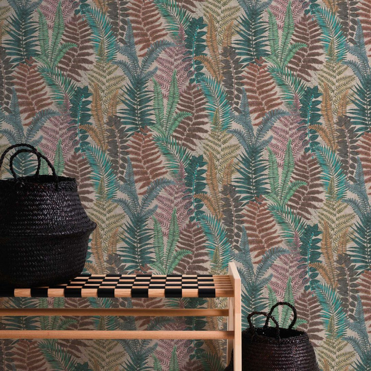Mustertapete mit Farnblättern Bunt - Florale Tapete Grün Blau Lila - WA396640