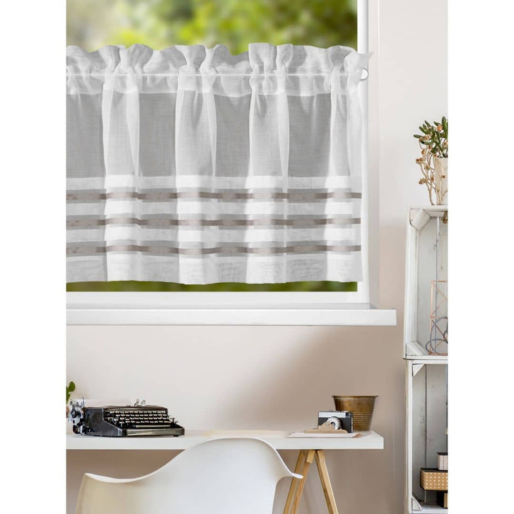 Scheibengardine halbtransparent - Kurzgardine offwhite taupe - Panneaux mit Querstreifen - WA475033