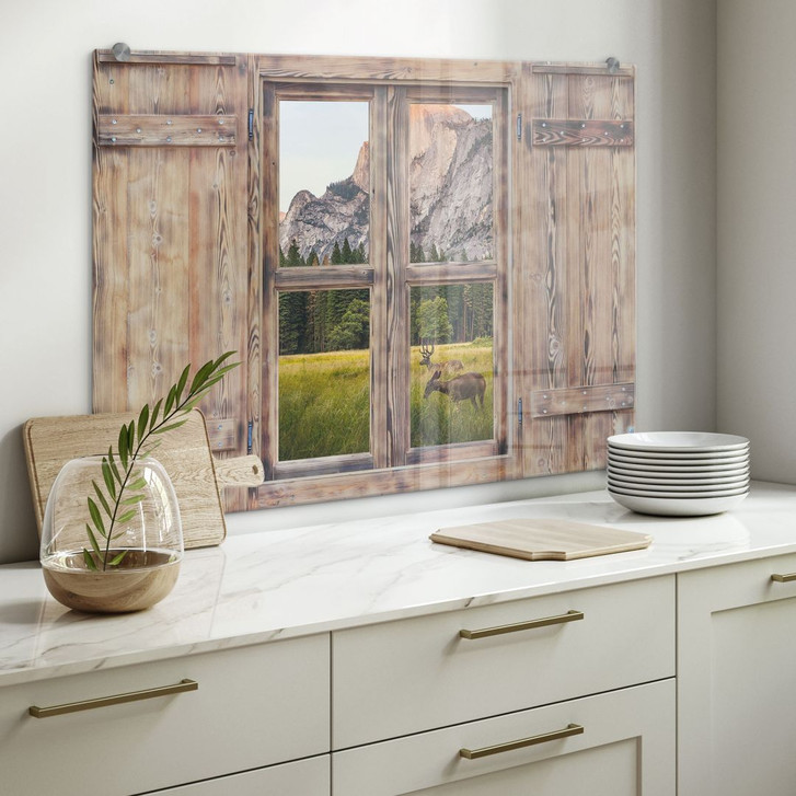 Spritzschutz 3D Holzfenster - Deers in the mountains - WA240876