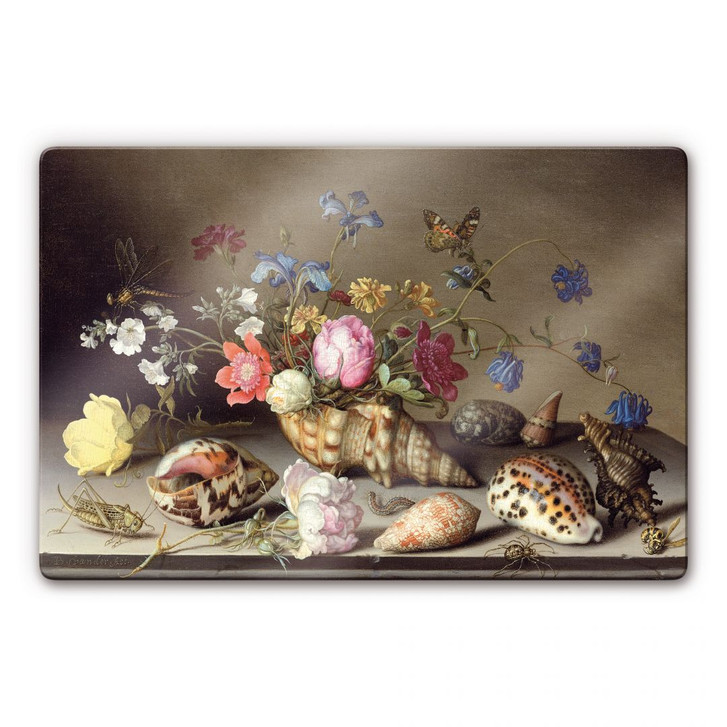 Glasbild Balthasar van der Ast - Blumen, Muscheln und Insekten auf einem Steingesims - WA120640