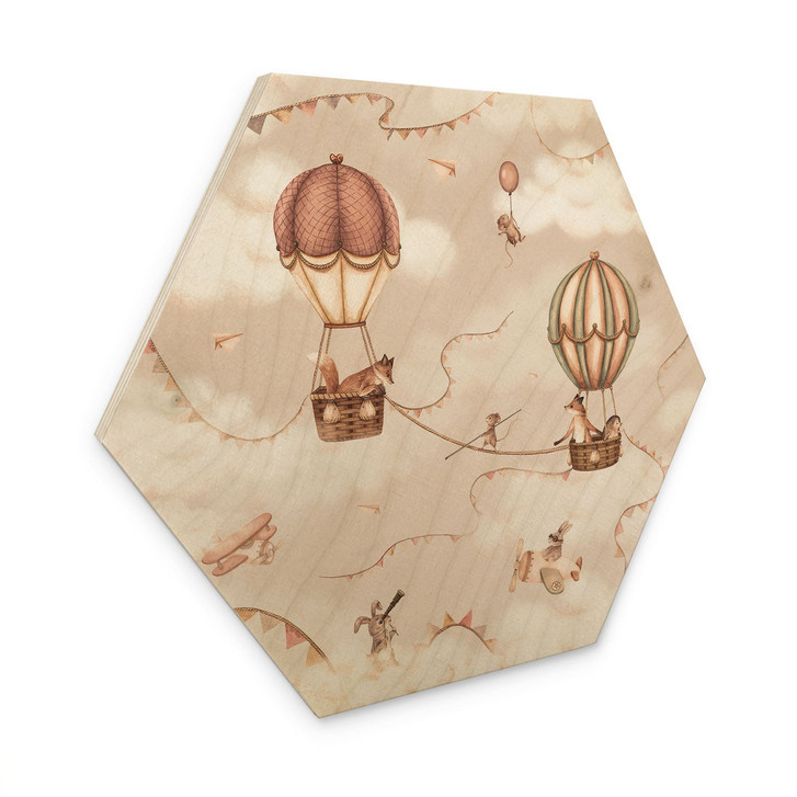 Hexagon Holzbild Tierisches Abenteuer mit Heissluftballon - Oliver Robins - WA511882