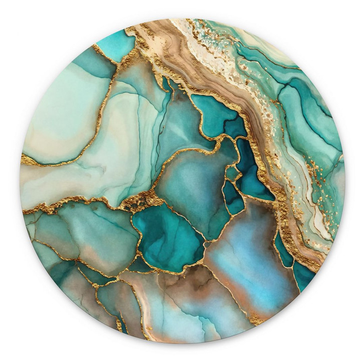 Wandbild Marmorierte Wellen in Türkis und Gold - Haase - Alu-Dibond Rund - WA431401