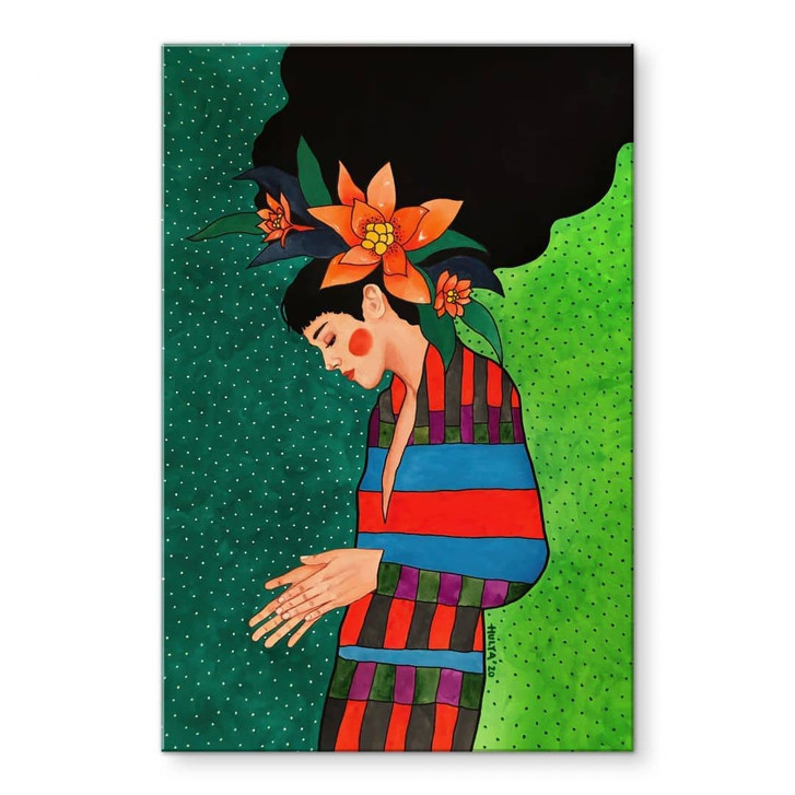 Acrylglasbild Frau im Streifenkleid mit orangen Blüten - Hülya - WA490919