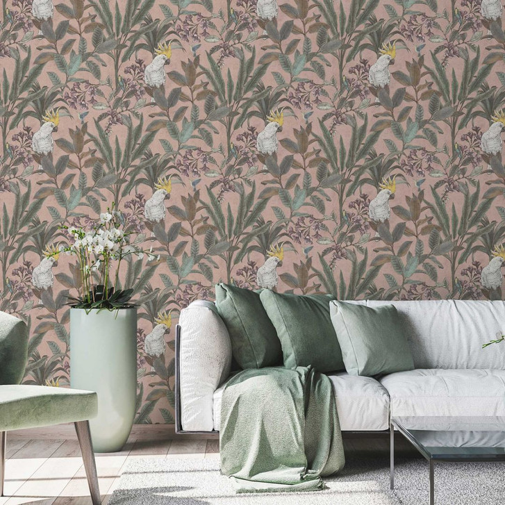 Dschungel-Tapete mit Kakadu - Vliestapete in Rosa Grün Gelb - Exotische Mustertapete - WA458812