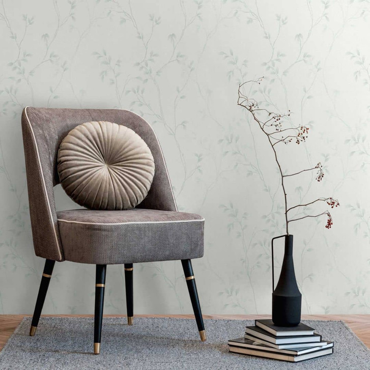 Florale Ranken-Tapete Weiss Mint – Vliestapete mit zartem Blättermotiv - WA465224