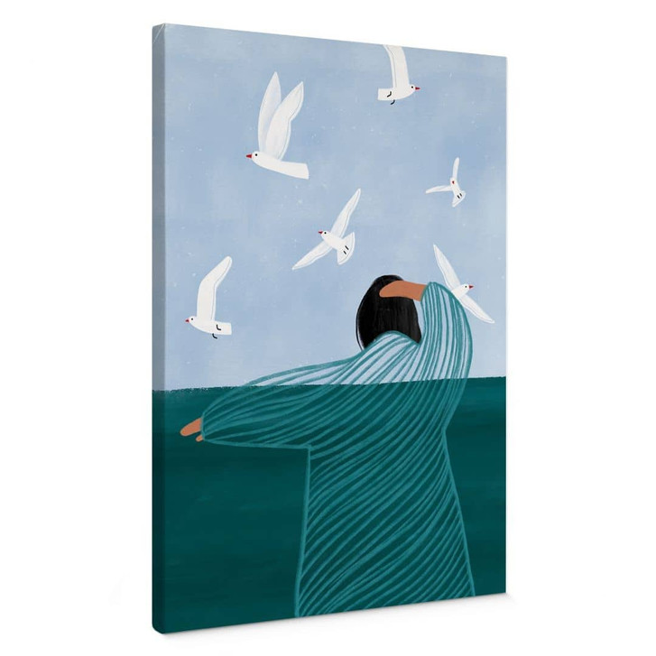 Leinwandbild Frau mit Möwen am Meer - Müller - WA496154