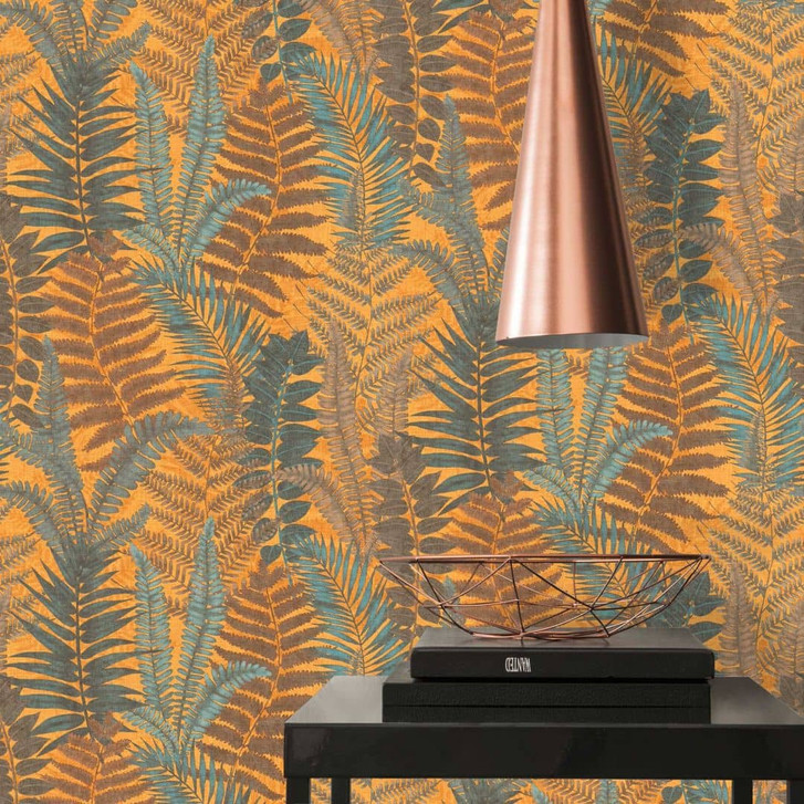 Mustertapete mit Farnblättern Bunt - Florale Tapete Gelb Blau Braun - WA396643