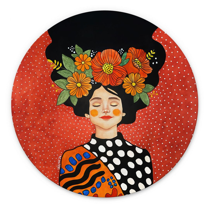Wandbild Lächelnde Frau mit orangen Blumen - Hülya - Alu-Dibond - Rund - WA492032