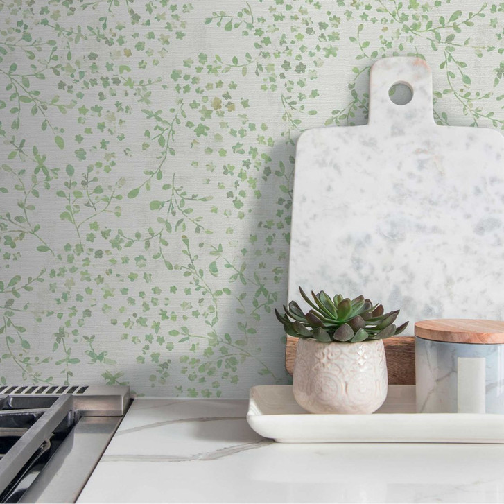 Florale Tapete Blätterranken Aquarell - Vliestapete in Hellgrün Creme - Natürliche Mustertapete - WA458806