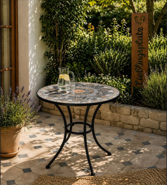 Gartentisch mit schönem Stein-Mosaik Muster, 60 cm Durchmesser robust, Innen- und Aussen, Winterfest - WA474911