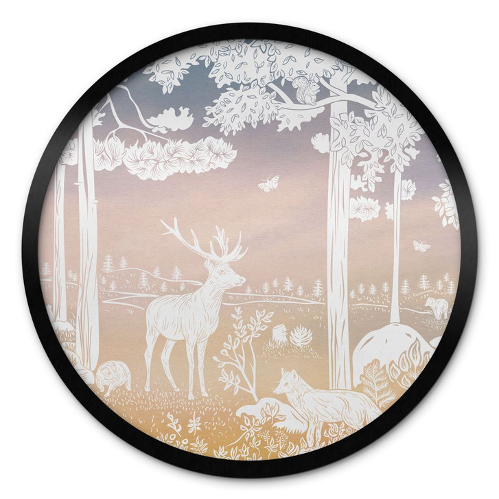 Poster Friedlicher Wald mit Hirschen und Füchsen - Ombre - Kikki Belle - Rund - WA437316