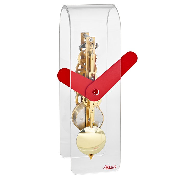 Tischuhr Bogen Miles Acryl klar Zeiger rot Werk messing - UG100308