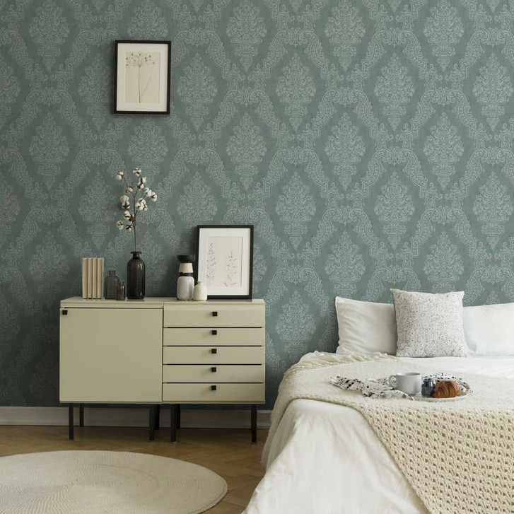 Barock-Tapete Ornament Mint Silber – Vliestapete mit Prägung – Klassische Mustertapete - WA465209