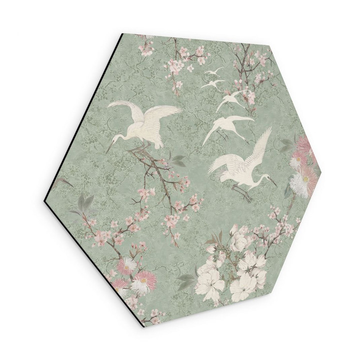 Hexagon Wandbild Kraniche im Kirschblüten-Rausch Grün - Bloomery Decor - Alu-Dibond - WA491690