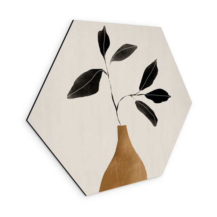 Hexagon Wandbild Zweig in goldener Vase - ThingDesign - Alu-Dibond - WA491516