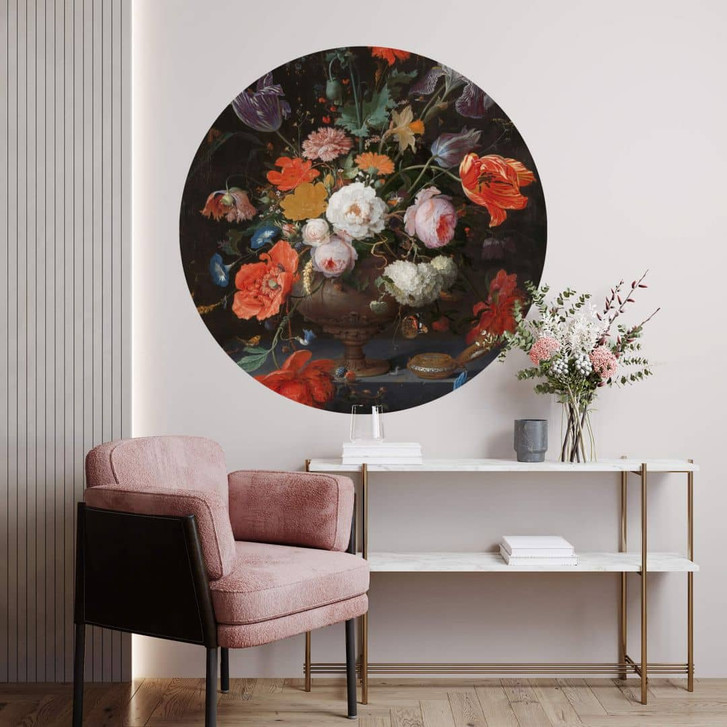 Wandtattoo Mignon - Stillleben mit Blumen und einer Uhr - rund - WA260467
