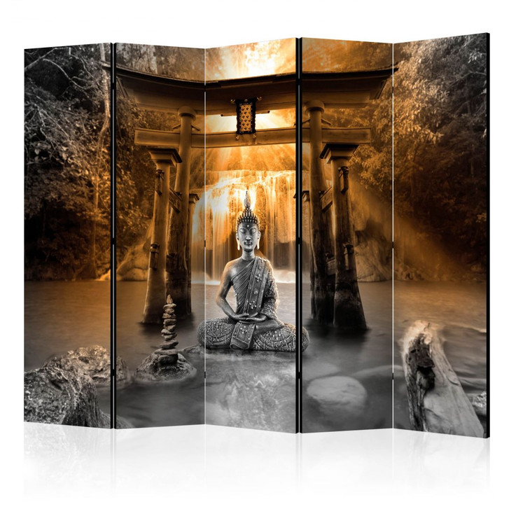 Paravent, Raumteiler freistehend, Trennwand - Buddha-Lächeln (Orange), 5-teilig - 225 x 172 cm - WA456090