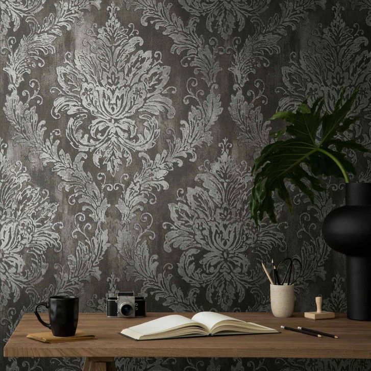 Barock-Tapete Schwarz Silber - Glamouröse Vliestapete mit Ornament-Muster - WA480181