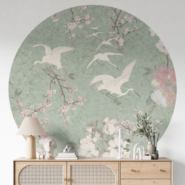 Fototapete Chinoiserie - Kraniche im Kirschblüten-Rausch Grün - Bloomery Decor - Rund - Selbstklebend/Vlies - WA494029