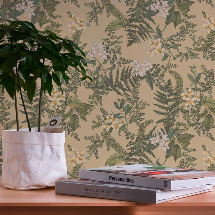 Pflanzen-Tapete mit Blüten Grün Beige - Vliestapete mit Blumen floral - WA396746