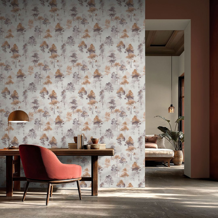 Tapete aus Vlies Aquarell Wald in Beige Braun Grau mit Bäumen im Herbstlook - WA509657