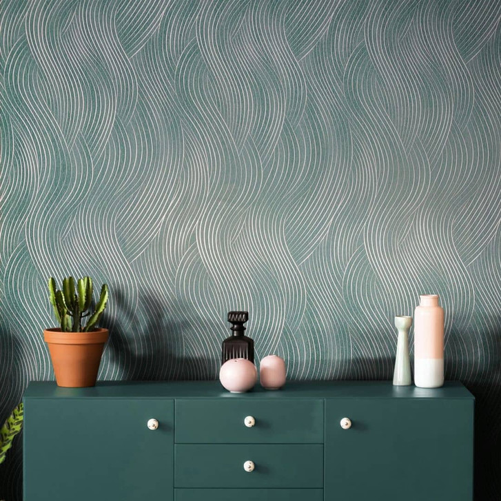 Vliestapete in grün, silber Wellenoptik Struktur Grafisch Modern - WA446469