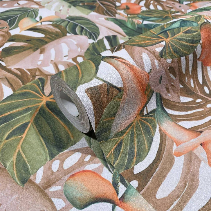 Vliestapete mit verschiedenen Blättern und Pflanzen grün, braun Floral - WA445757