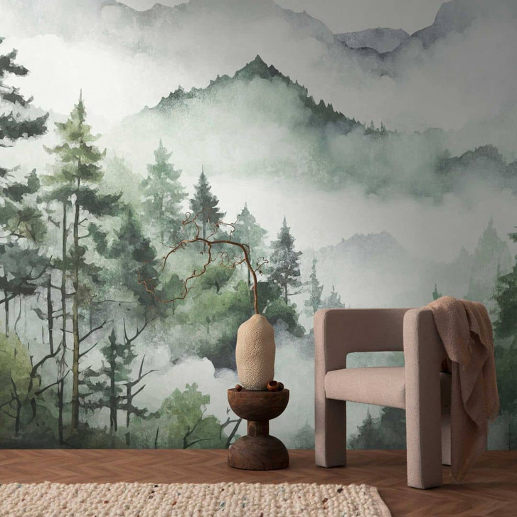 3D-Fototapete Wald Aquarell Dunkelgrün - Vliestapete mit Bergmotiv für Wohnzimmer - WA418400