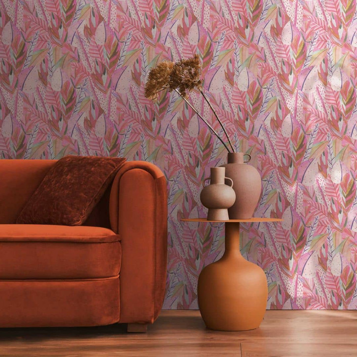 Dschungel-Tapete Pink Lila – Exotische Blätter kräftig bunt – Vliestapete modern - WA465554