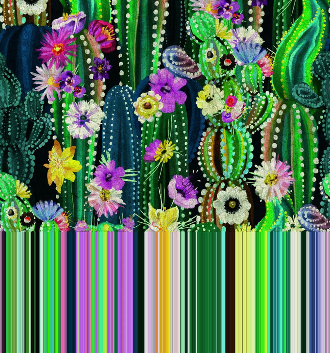 Fototapete Wandtapete mit Motiv Kaktusgarten mit bunten Blüten und Punktmuster in 3.4 x 3.18 m - WA505314