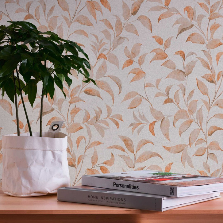 Blättertapete Orange Weiss - Florale Vliestapete - Tapete Wohnzimmer Schlafzimmer Küche - WA395967