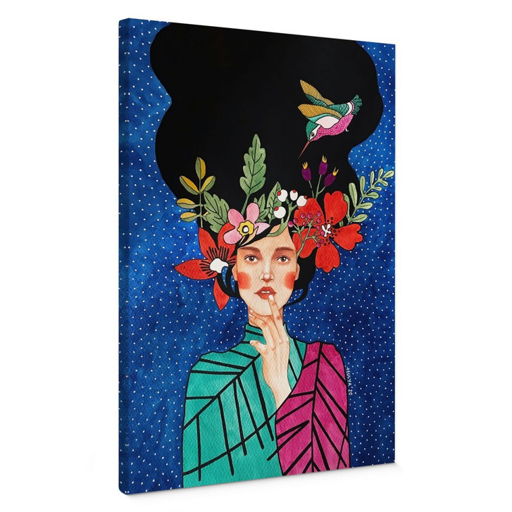 Leinwandbild Frau mit Kolibri in der Sternennacht - Hülya - WA496918