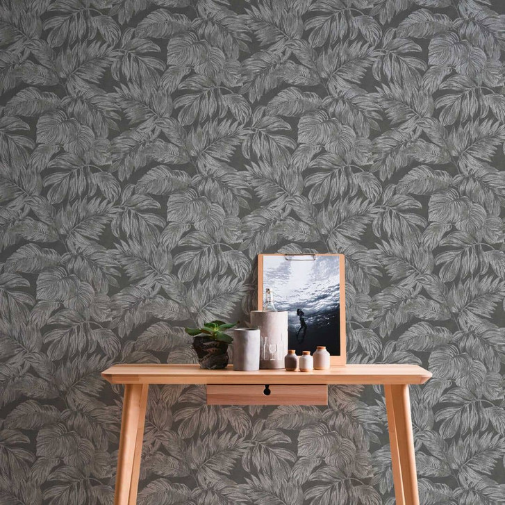 Tapete Dschungel Anthrazit Silber Grau mit Metallic-Effekt - Palmen Vliestapete - WA506726
