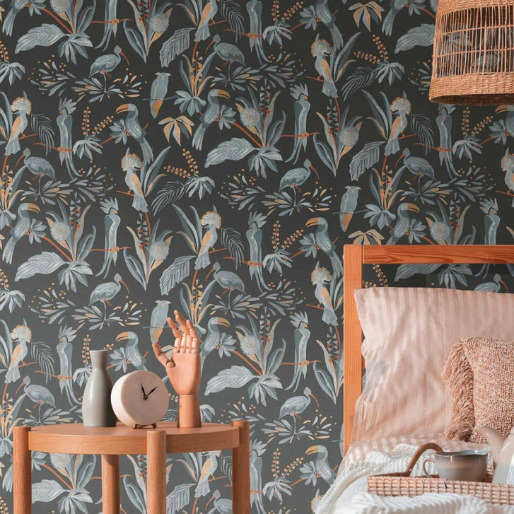 Vliestapete Paradiesvögel Schwarz Grau - Tapete Dschungel - Pflanzen Tapete - WA395780