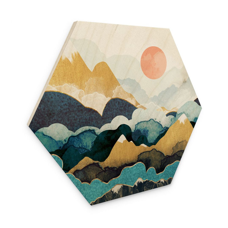 Hexagon-Holzbild Berggipfel über den Wolken - SpaceFrog Designs - WA425298