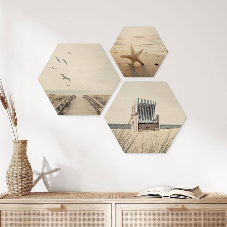 Hexagon Holzbild Strand und Meer Set (3-teilig) - WA354625