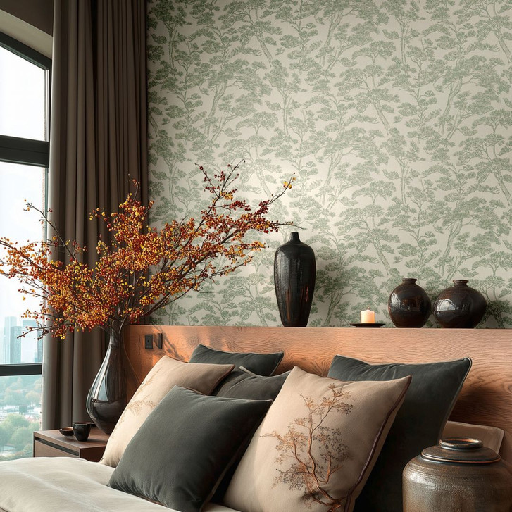 Vliestapete Lin Zen Branches grün weiss mit Ästen asiatisch - Bäume Waldtapete Äste Flur Büro - WA492564