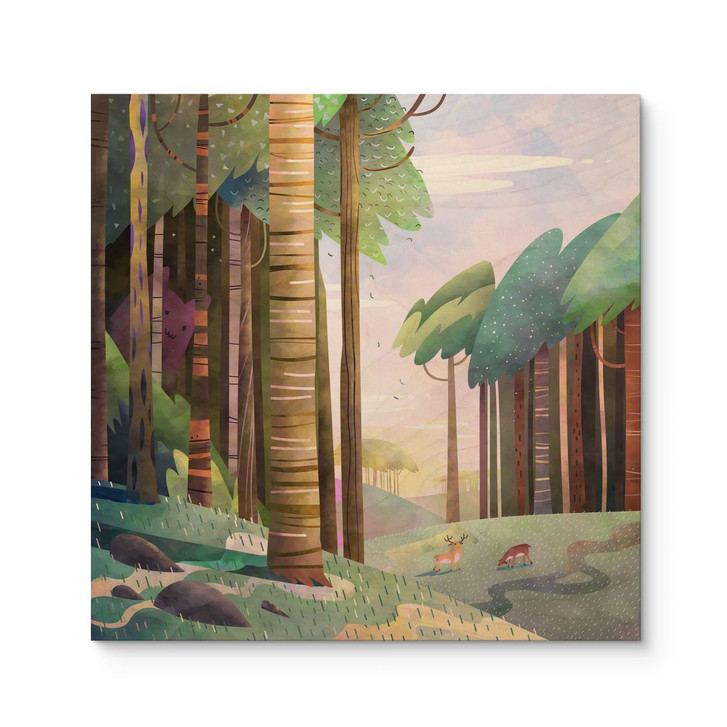 Holzbild Sonniger Wald mit Hirsch - DigitalArtsi - WA487307