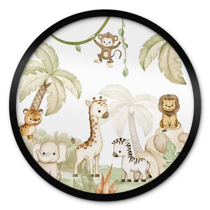 Poster Babyzimmer - Oliver Robins - Niedliche Tiere unter Palmen - Rund - WA407884