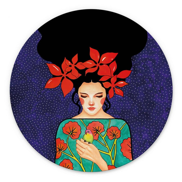 Wandbild Frau mit roter Blütenkrone und Vogel - Hülya - Alu-Dibond Rund - WA484960