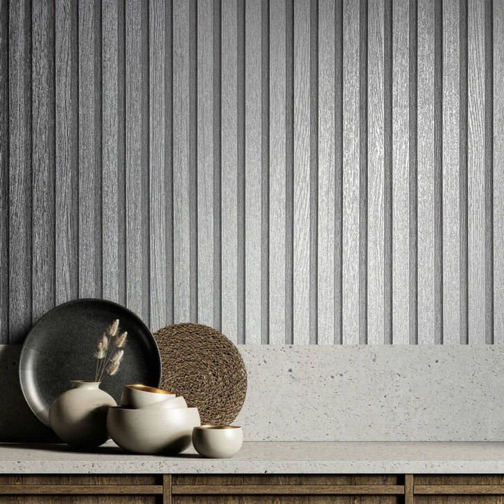 Vliestapete in glänzender Streifenoptik als Akustilpaneele silber Metalloptik - WA450414