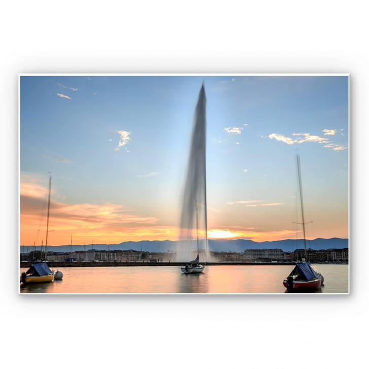 Wandbild Wasserfontäne im Genfer Sonnenuntergang - WA196077
