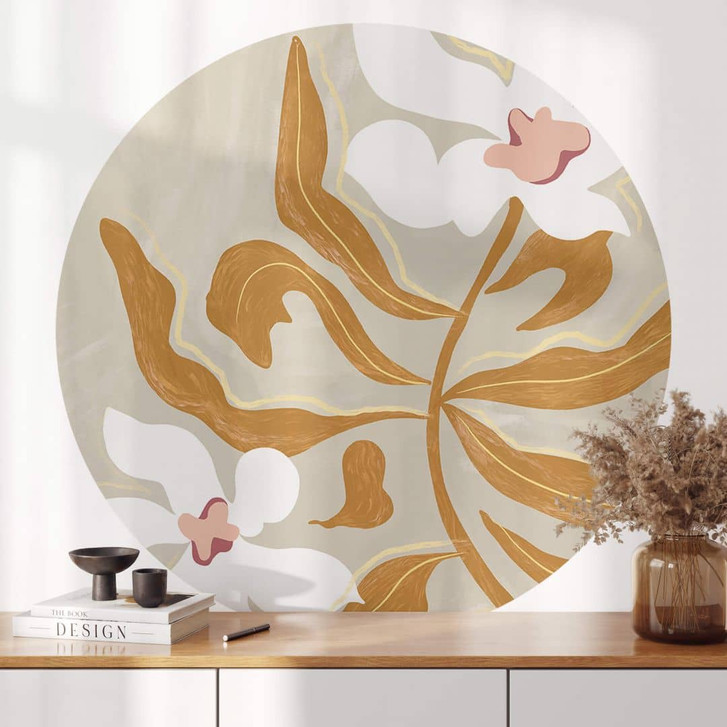 Wandtattoo Blumen - Weisse Blüte und goldene Blätter Rund - Arty Guava - WA412651