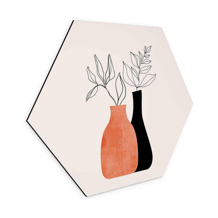 Hexagon-Wandbild Vasen in Schwarz und Orange - Kubistika - Alu-Dibond - WA395003