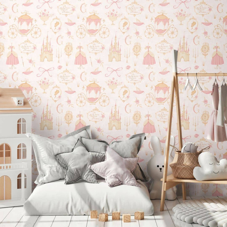 Prinzessinnen-Tapete Rosa Beige - Kindertapete mit Schloss & Kutsche - WA465338