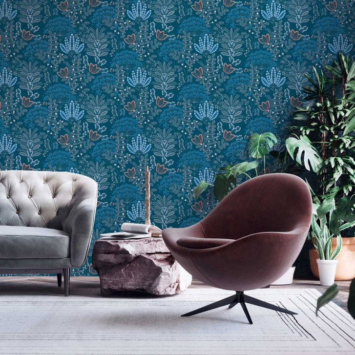 Tapete mit Blumen im Retro-Stil Blau Weiss - Florale Vliestapete mit Blättern - WA396665