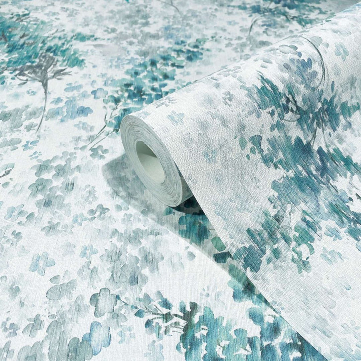 Vliestapete mit gemalten Blättern und Ästen grau, türkis Floral - WA445787