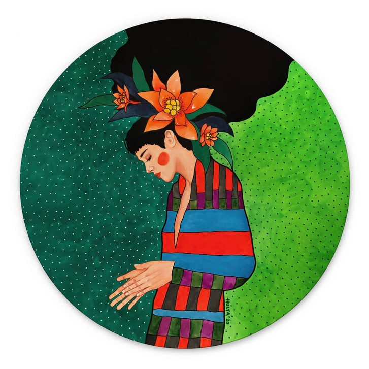 Wandbild Frau im Streifenkleid mit orangen Blüten - Hülya - Alu-Dibond Rund - WA491916