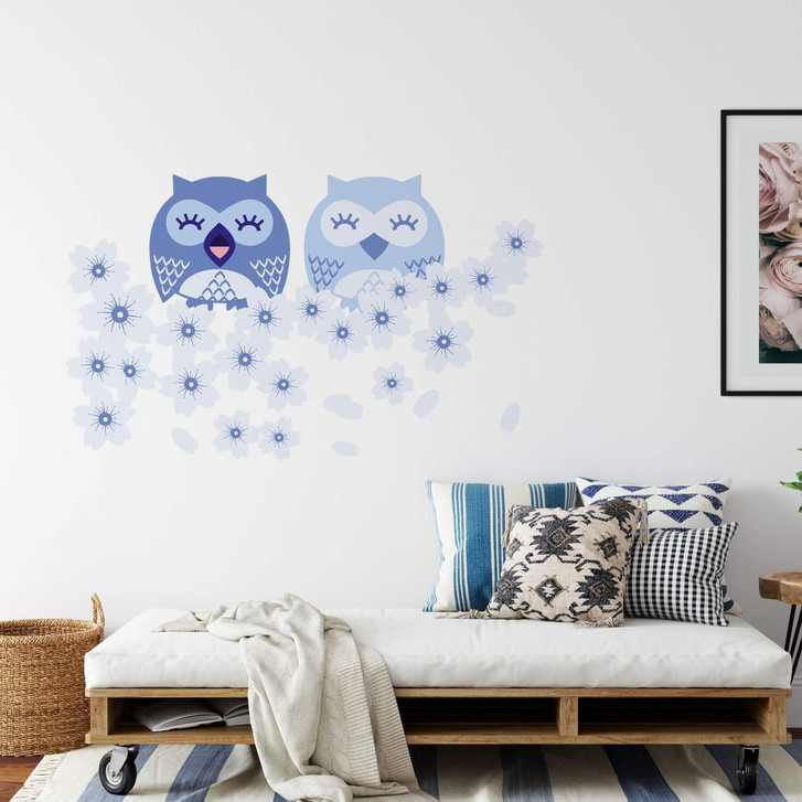 Wandsticker Kirsch-Eulen blau - WA201104