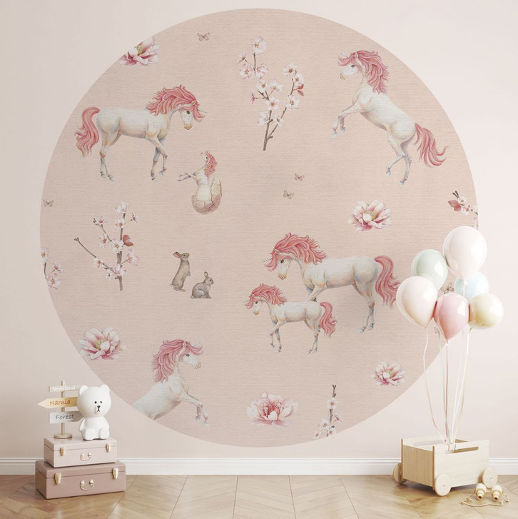 Fototapete Verzauberte Einhörner mit Kirschblüten - Kikki Belle - Rund - Selbstklebend/Vlies - WA432241
